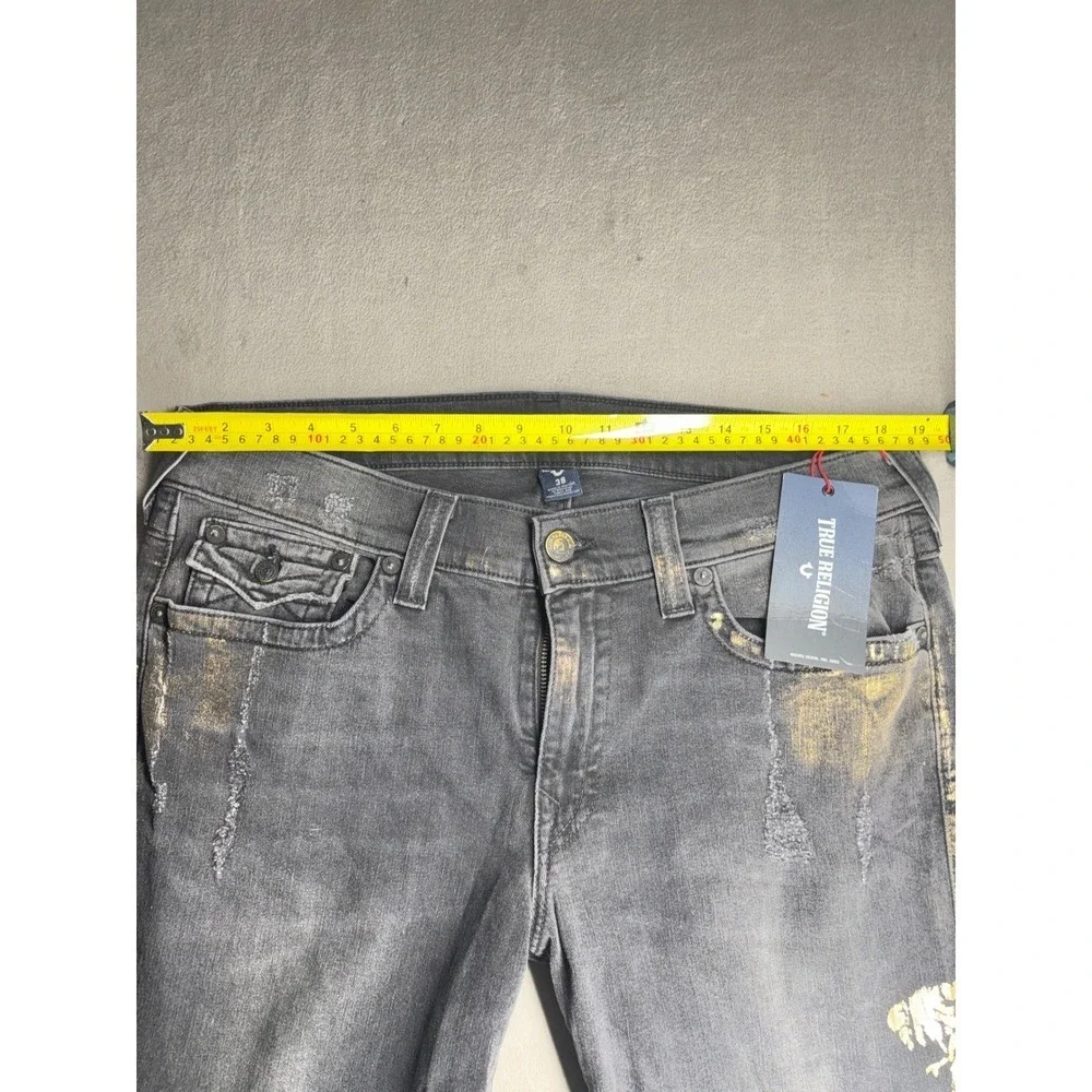 True Religion Ricky W Flap Straight Jeans Black Gold Snake Distressed Mens 38